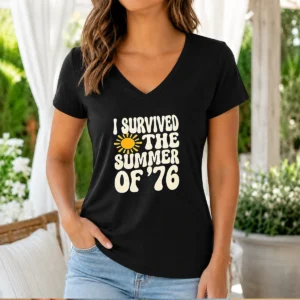 Pretty I Survived The Summer Of 76 1976 Vintage V Neck Shirt in soft fabric with classic fit