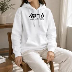 Top Comme Des GarçOns Play Logo Fashion Hoodie in black with iconic red heart logo on chest, front view