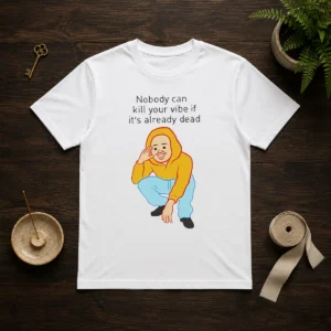 Official Nobody Can Kill Your Vibe If It'S Already Dead Cartoon Man t shirt in black, front view with bold graphic print