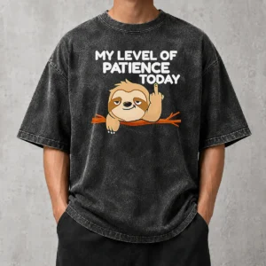Hot Sloth Middle Finger My Level Of Patience Today Cartoon printed on a soft washed t shirt in muted tones
