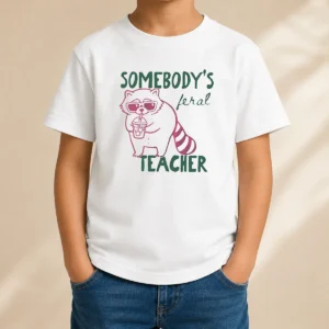 Awesome Funny Somebody'S Feral Teacher Raccoon With Iced Coffee Kids T-Shirt