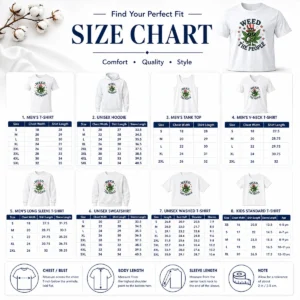Size chart for Awesome Weed The People Cannabis Uncle Sam Character Patriotic Leaf Symbol with measurements in inches and cm