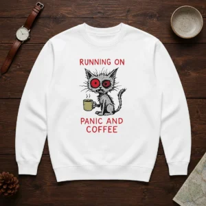 Official Running On Panic And Coffee Cat Caffeine Sweater