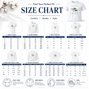 Size chart for Hot Original Dr Seuss Parody One Blue Fish Two Green Fish Love Meme Yellow Graphic with measurements in inches and cm