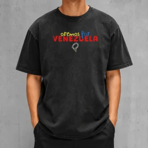 Funny Oremos Por Venezuela Religious Rosary printed on a soft washed t shirt in light grey