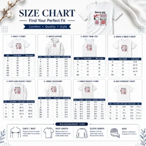 Size chart for Nice Top Sorry My Nice Button Out Of Order But My Bite Me Works Just Fine with measurements in inches and cm