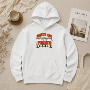 Hot Pretty Labour Day Pride Inspirational Quote Hard Work Hoodie in charcoal gray with front graphic and kangaroo pocket