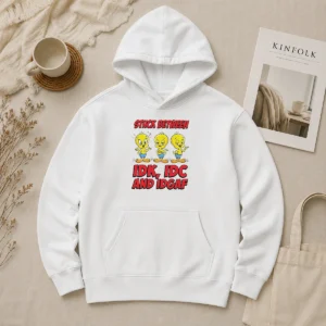 Pretty Tweety Stuck Between IDK IDC And IDGAF Hoodie in black, front view with kangaroo pocket and drawstring hood