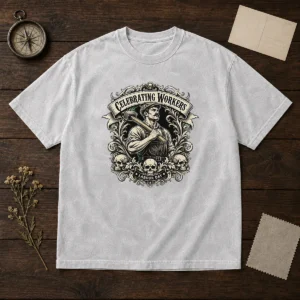 Original Labour Day Celebration Workers Gothic Tattoo design on a faded washed t shirt with short sleeves