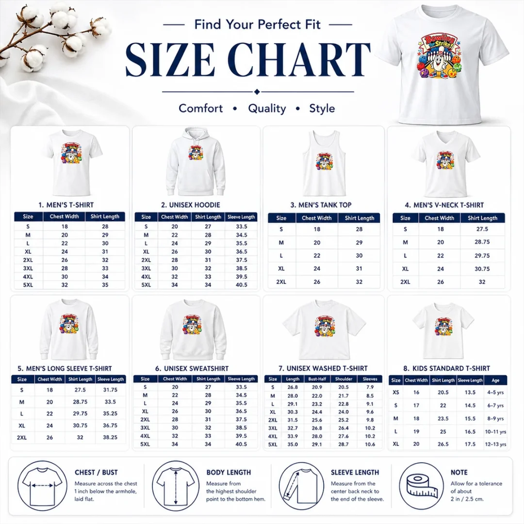 Awesome Bowling For Strike Cartoon Size Chart Size chart for Awesome Bowling For Strike Cartoon with measurements in inches and cm for accurate sizing
