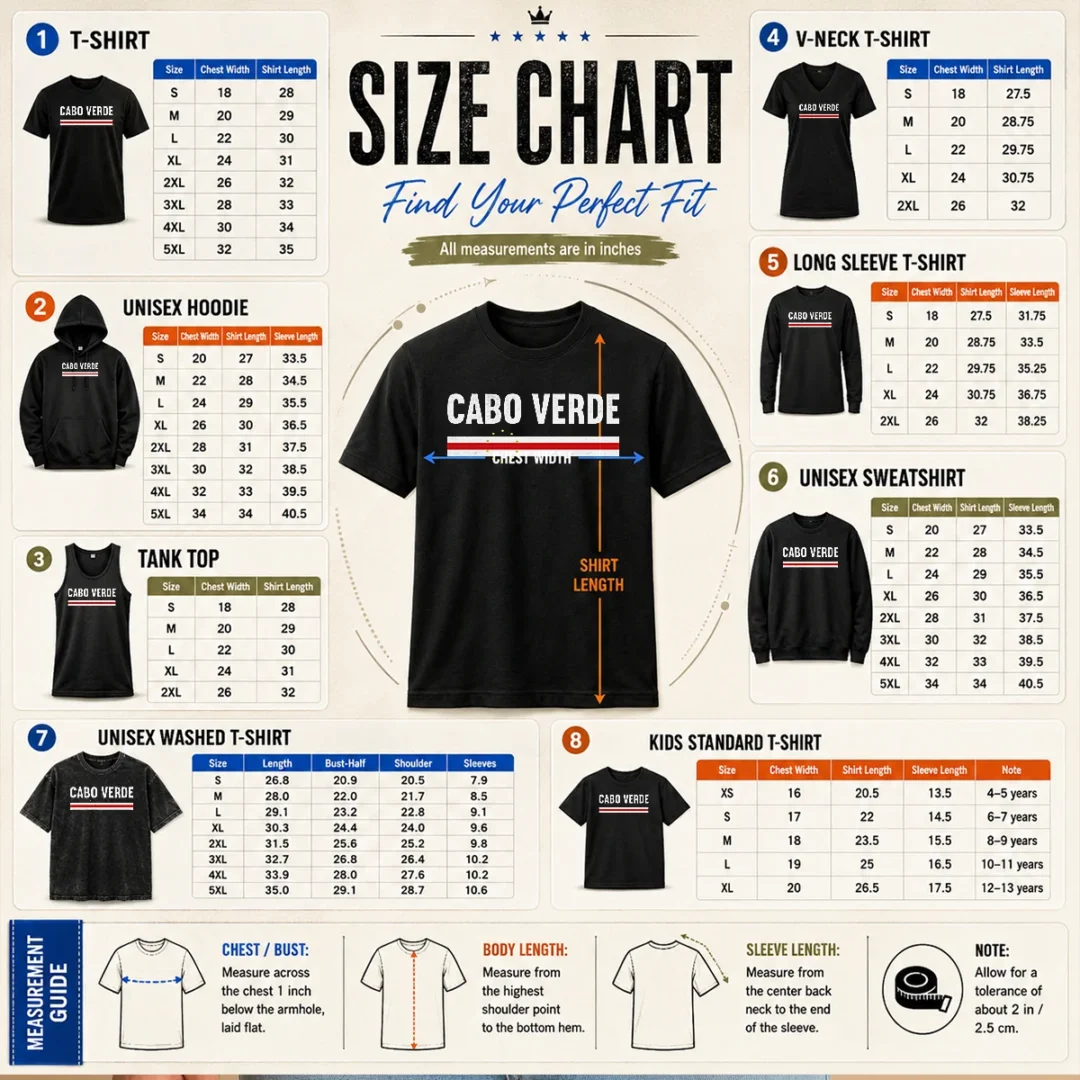 awesome-cabo-verde-flag-national-pride-size-chart Size chart for Awesome Cabo Verde Flag National Pride with measurements in inches and cm