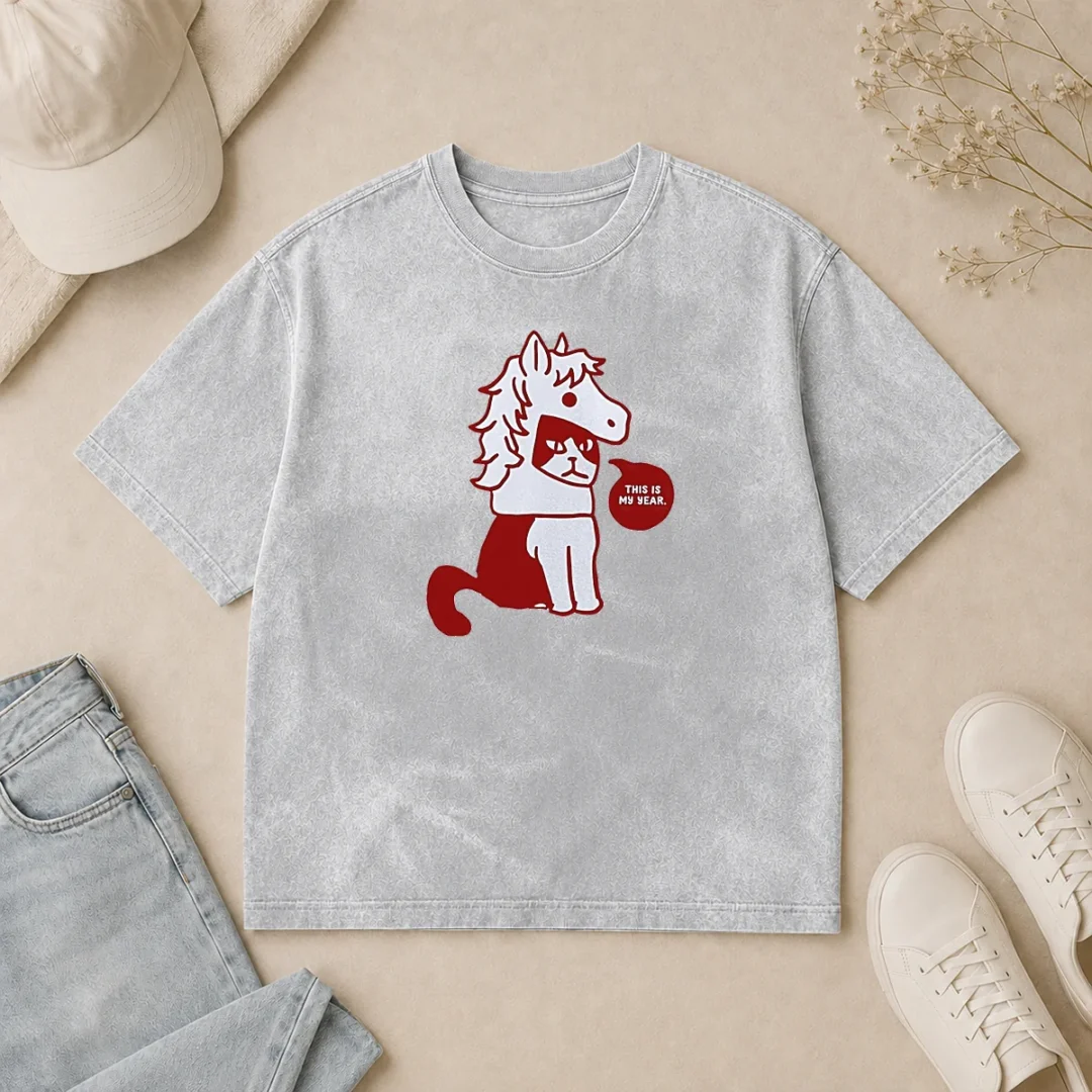 Awesome Cat Wearing Horse Mask This Is My Year Washed T Shirt Awesome Cat Wearing Horse Mask This Is My Year printed on a soft washed t shirt in light gray, front view