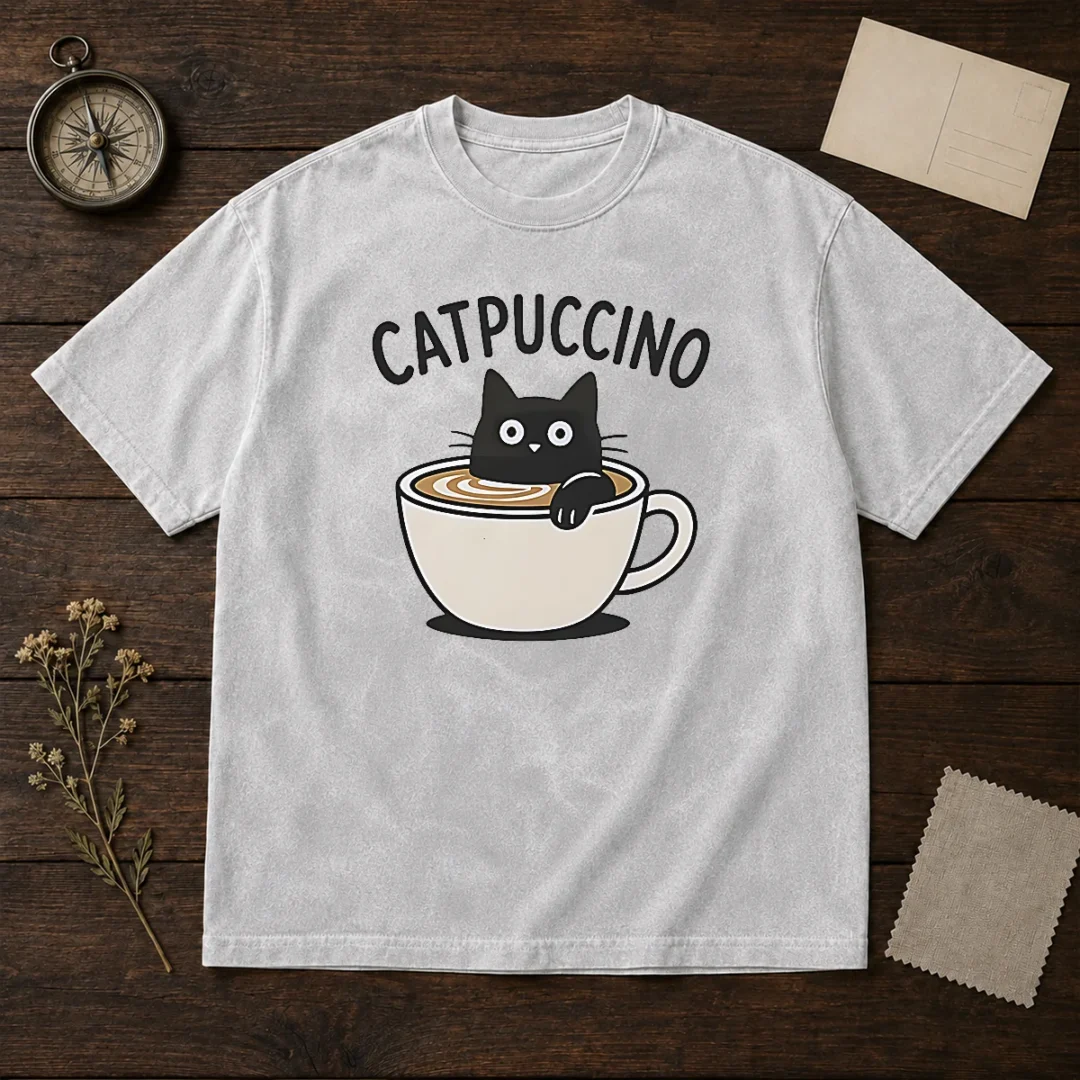 awesome-catpuccino-black-cat-in-a-coffee-cup-cappuccino-washed-t-shirt Awesome Catpuccino Black Cat In A Coffee Cup Cappuccino Washed T Shirt showing front print on soft cotton fabric