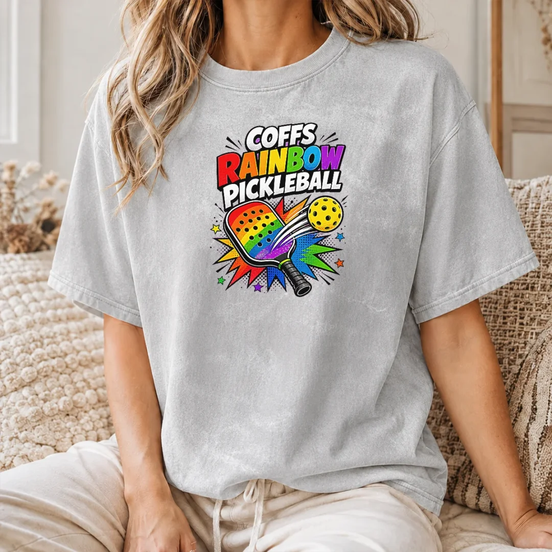 Awesome Coffs Rainbow Pickleball Comic For Active Athletes Washed T Shirt Awesome Coffs Rainbow Pickleball Comic For Active Athletes Washed T-Shirt