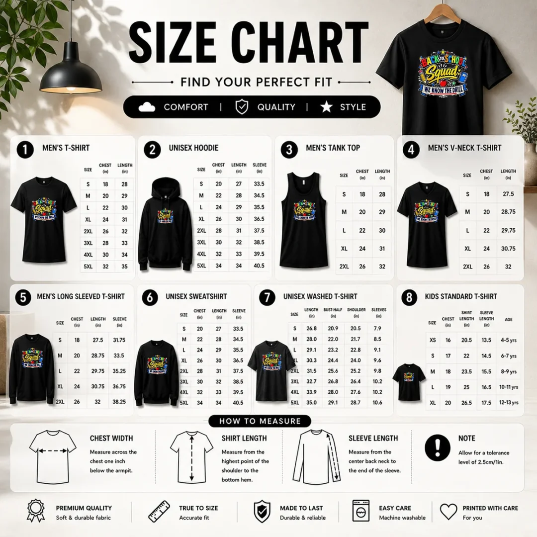 awesome-cute-cartoon-back-to-school-squad-student-size-chart Size chart for Awesome Cute Cartoon Back To School Squad Student with measurements in inches and cm