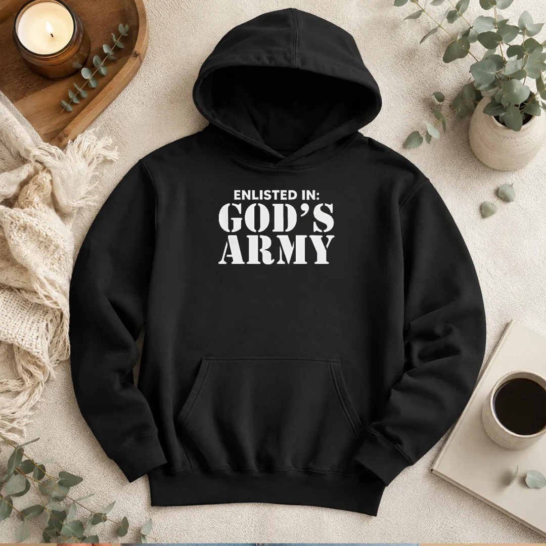 awesome-enlisted-in-god-s-army-hoodie Awesome Enlisted In God'S Army Hoodie in black with bold white text on front, comfortable pullover style with hood and front pocket