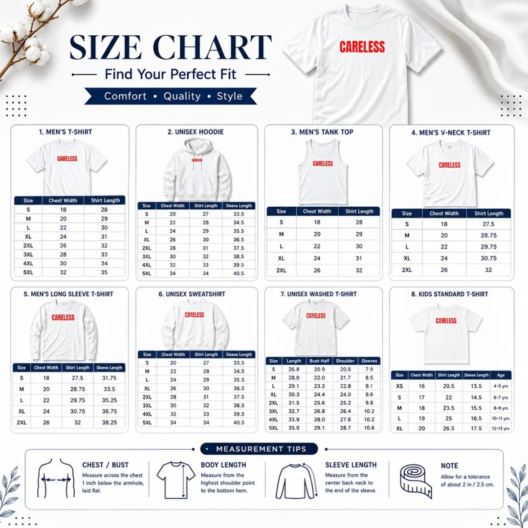 awesome-funny-omar-rudberg-careless-size-chart Size chart for Awesome Funny Omar Rudberg Careless showing garment measurements in inches and cm