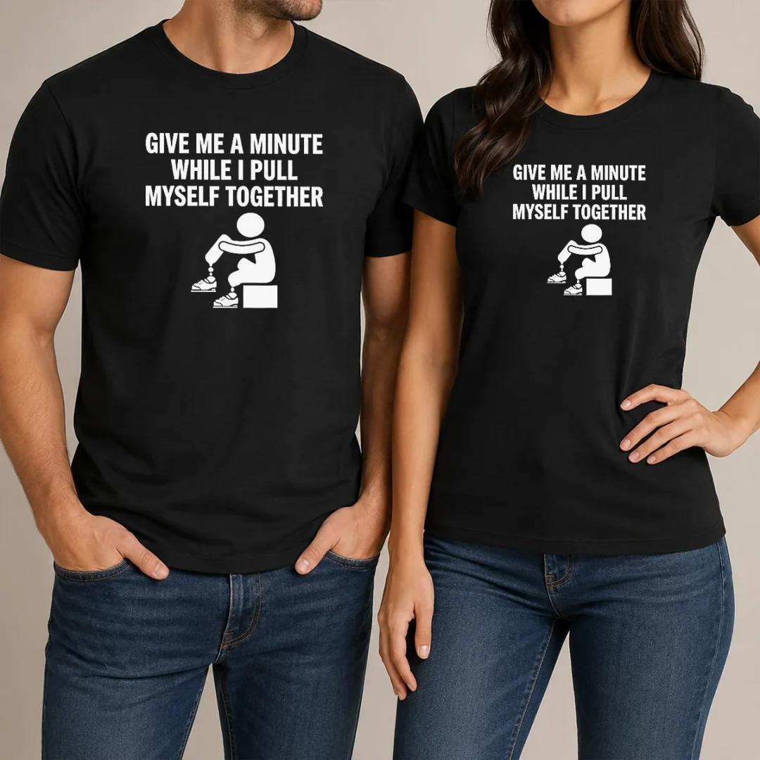 awesome-give-me-a-minute-while-i-pull-myself-together-t-shirt-1 Awesome Give Me A Minute While I Pull Myself Together t shirt in black, front view with bold white text design