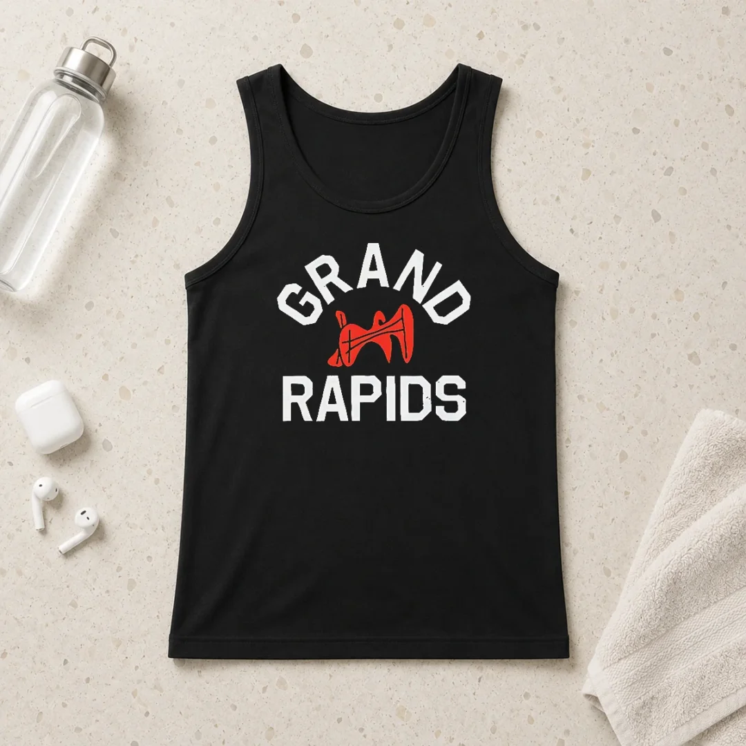 awesome-grand-rapids-michigan-city-logo-tank-top Awesome Grand Rapids Michigan City Logo Tank Top in black, featuring bold city logo on front