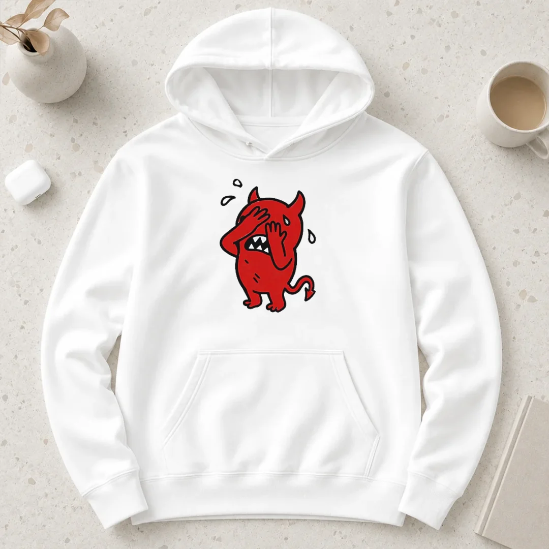 awesome-happy-devil-cartoon-facepalm-panicking-sweating-hoodie-2 Awesome Happy Devil Cartoon Facepalm Panicking Sweating Hoodie in black, front view with vibrant cartoon print