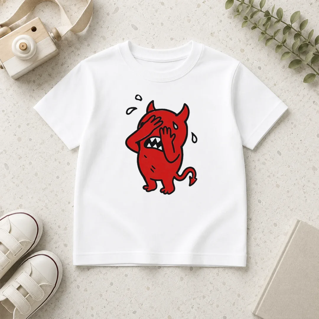 awesome-happy-devil-cartoon-facepalm-panicking-sweating-kids-t-shirt-2 Awesome Happy Devil Cartoon Facepalm Panicking Sweating Kids T Shirt in bright red, short sleeve cotton tee for children