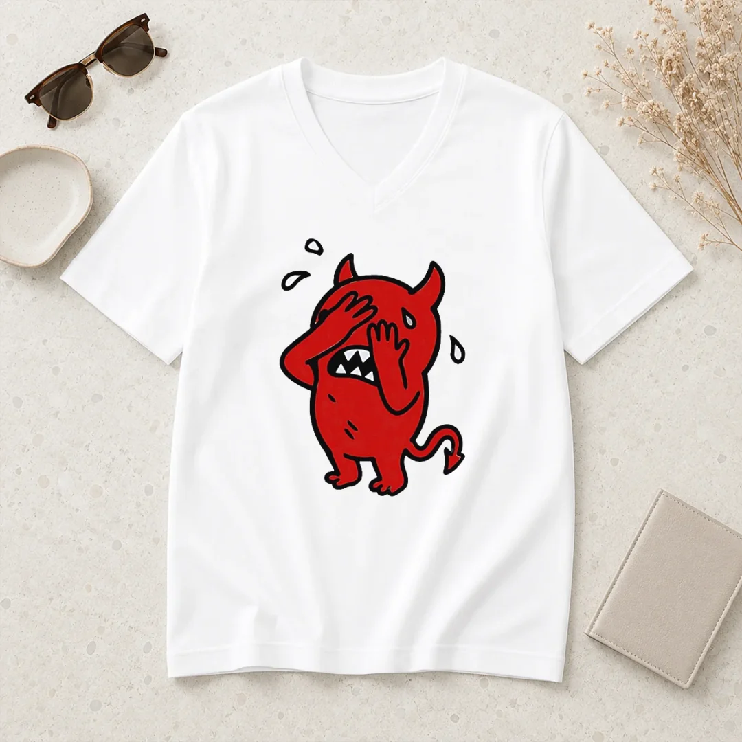 awesome-happy-devil-cartoon-facepalm-panicking-sweating-v-neck-shirt-2 Awesome Happy Devil Cartoon Facepalm Panicking Sweating V-Neck Shirt