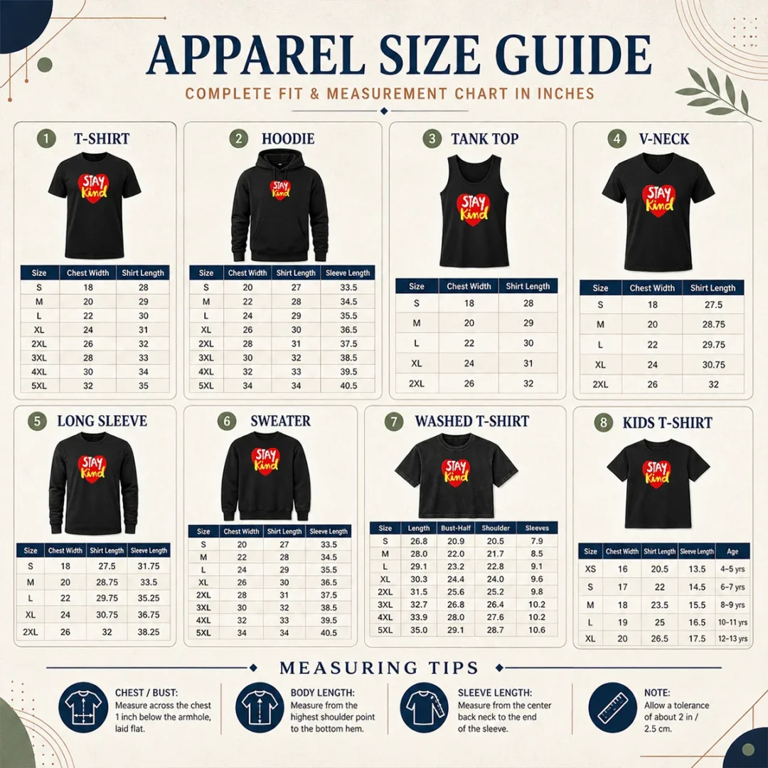 Awesome Hot Stay Kind Heart Size Chart Size chart for Awesome Hot Stay Kind Heart with measurements in inches and centimeters