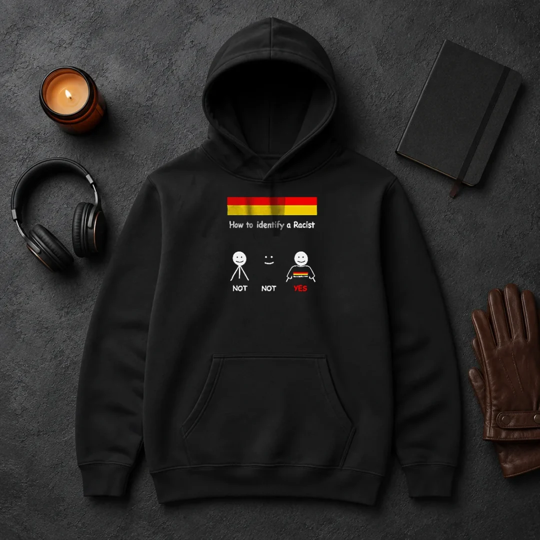 Awesome How To Identify A Racist Hoodie Awesome How To Identify A Racist Hoodie in black with front graphic print, displayed on a mannequin