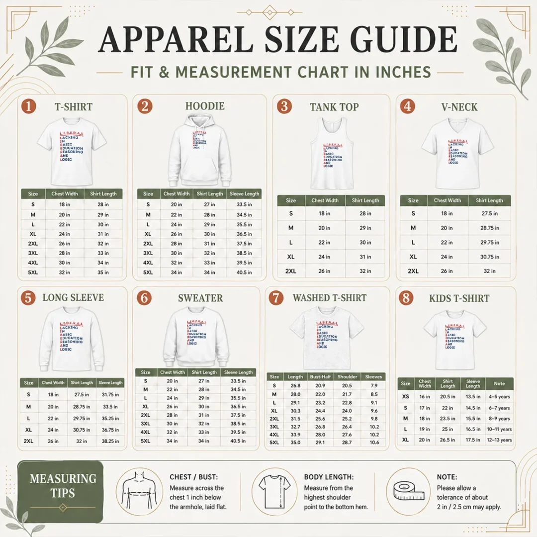 awesome-liberal-lacking-in-basic-education-reasoning-and-logic-acrostic-size-chart Size chart for Awesome Liberal Lacking In Basic Education Reasoning And Logic Acrostic with measurements in inches and cm