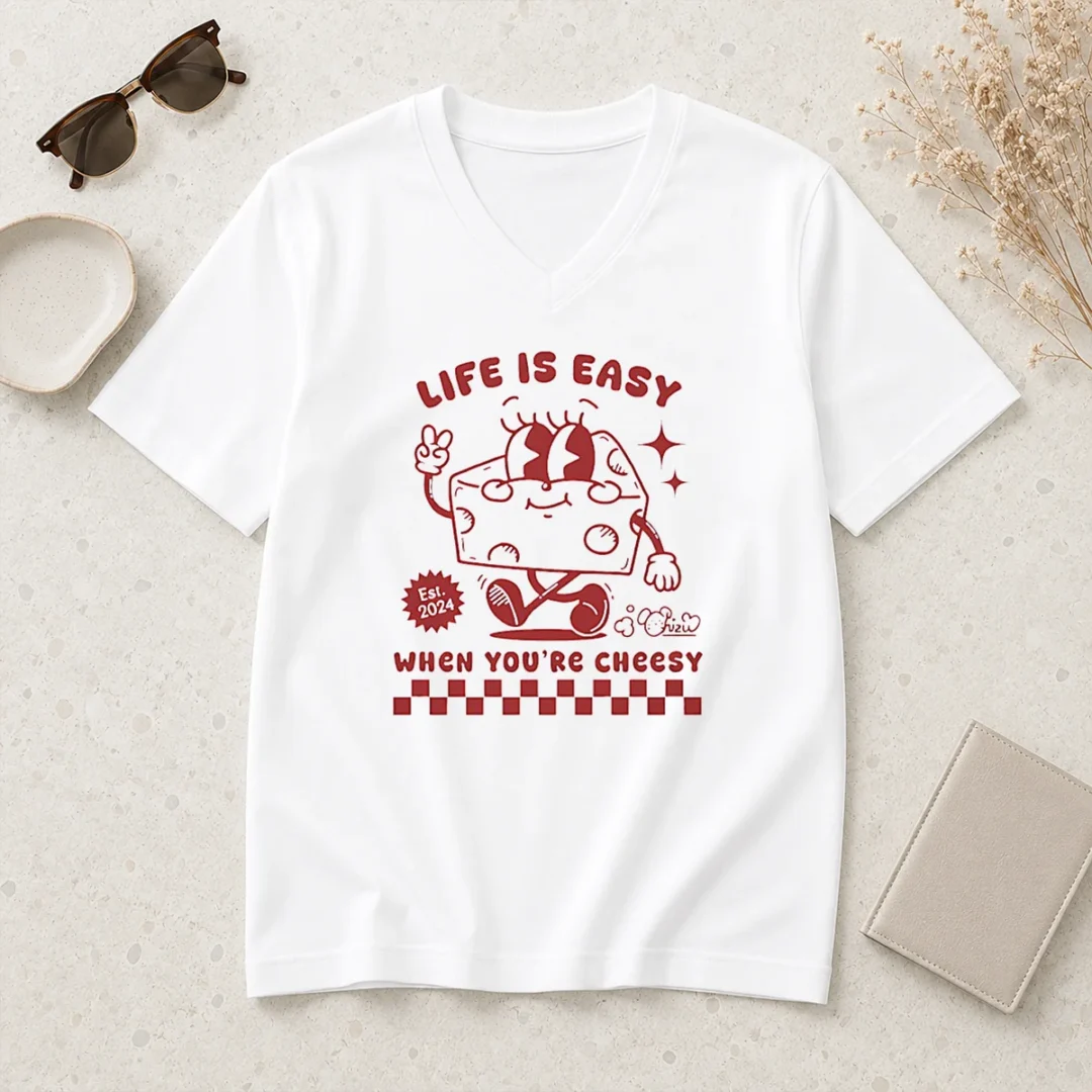 awesome-life-is-easy-when-you-re-cheesy-retro-cheese-character-v-neck-shirt Awesome Life Is Easy When You'Re Cheesy Retro Cheese Character V-Neck Shirt