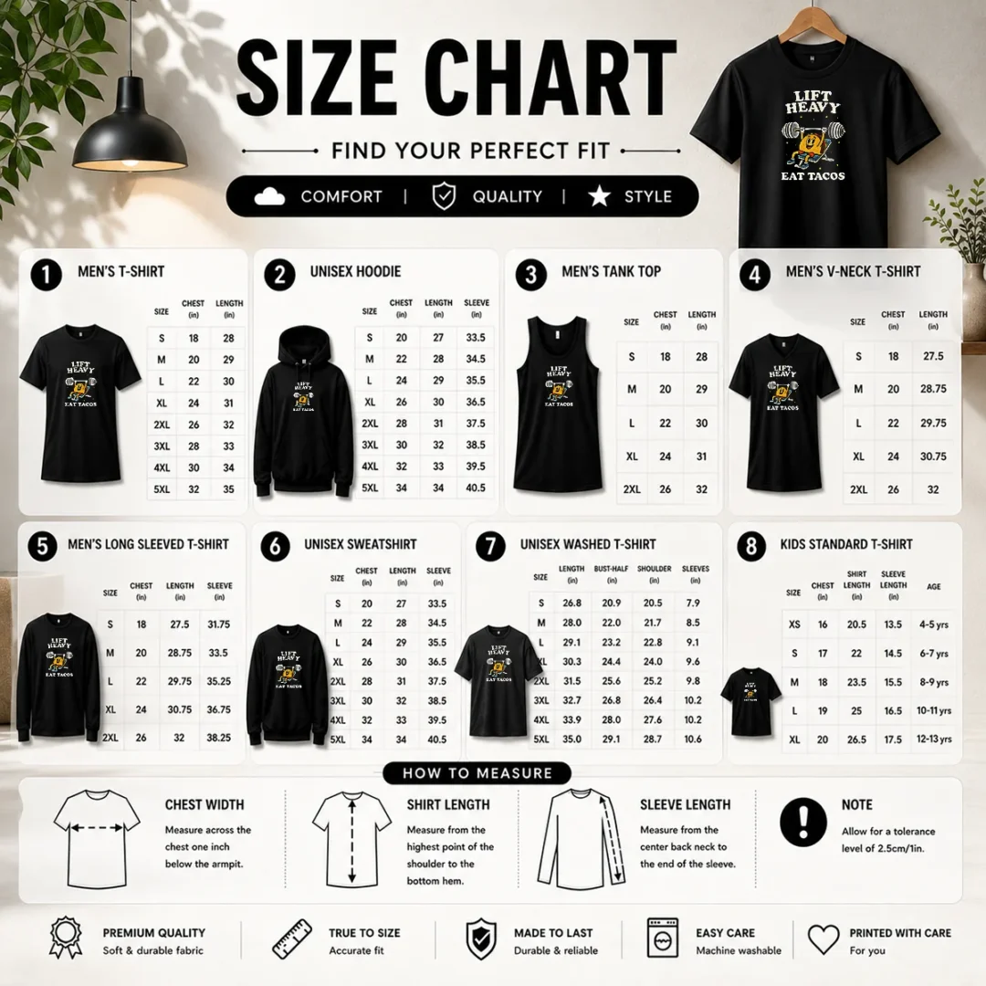 awesome-lift-heavy-eat-tacos-size-chart Size chart for Awesome Lift Heavy Eat Tacos shirt with measurements in inches and cm