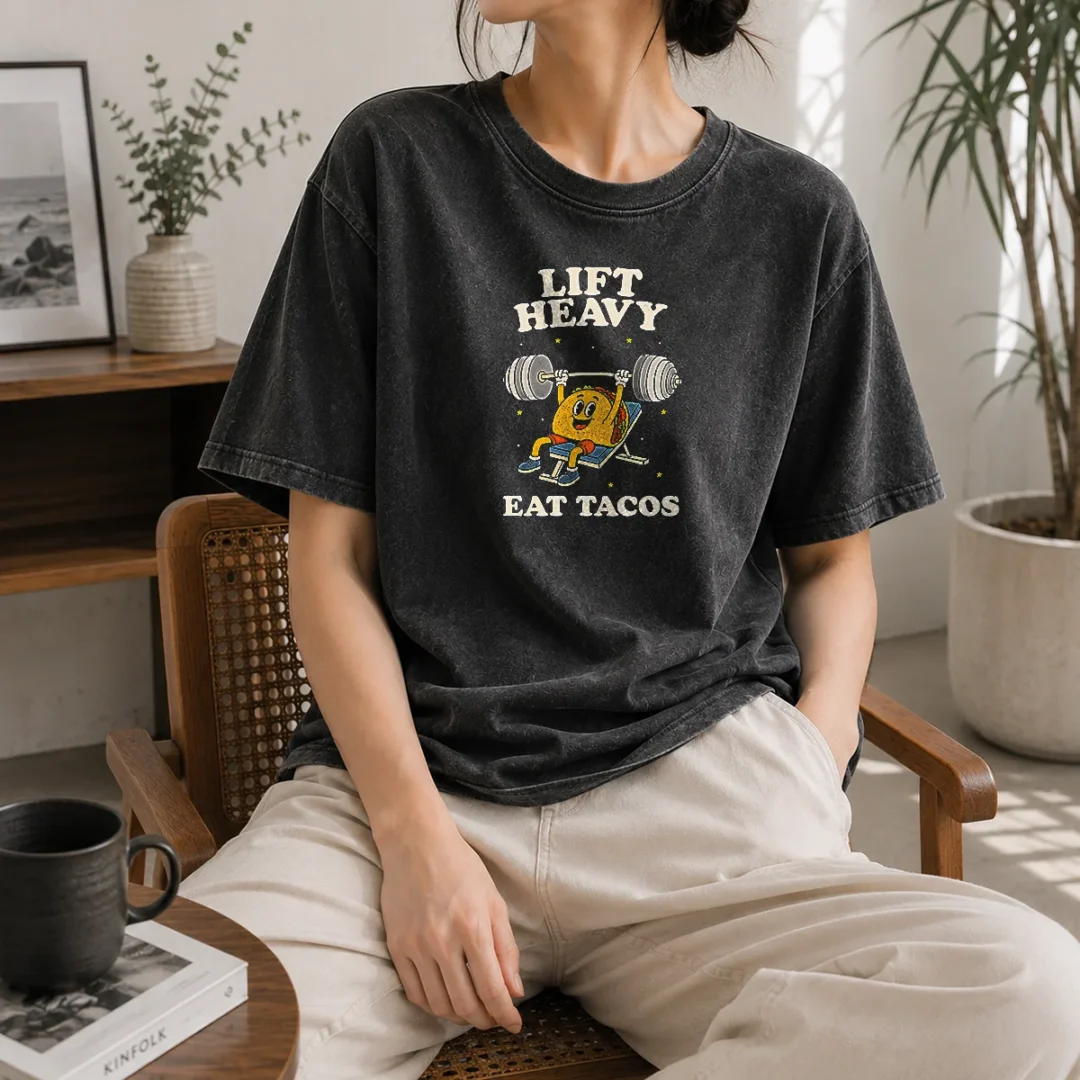 awesome-lift-heavy-eat-tacos-washed-t-shirt Awesome Lift Heavy Eat Tacos washed t shirt in soft fabric with casual fit