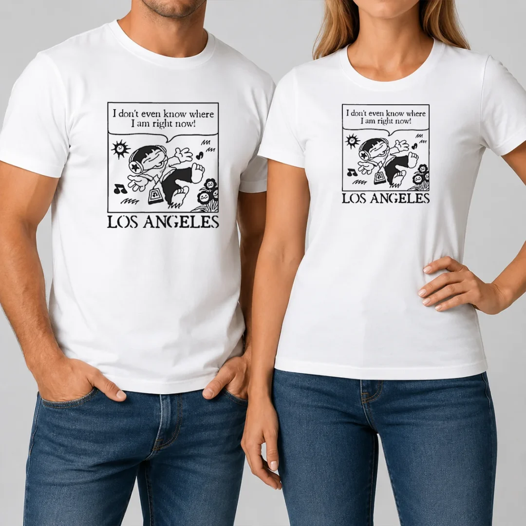 awesome-los-angeles-cartoon-kid-floating-headphones-i-don-t-even-know-where-i-am-t-shirt-1 Awesome Los Angeles Cartoon Kid Floating Headphones I Don'T Even Know Where I Am t shirt featuring colorful graphic on a classic crew neck tee