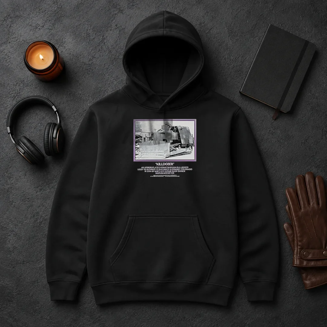 Awesome Marvin Heemeyer Killdozer Komatsu D355A Granby Colorado 2004 Muffler Hoodie Awesome Marvin Heemeyer Killdozer Komatsu D355A Granby Colorado 2004 Muffler printed on a black pullover hoodie
