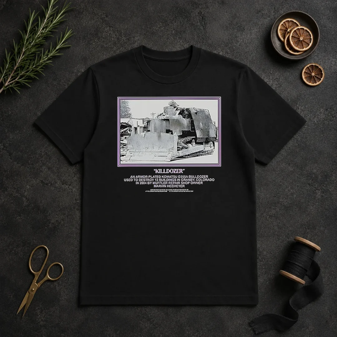Awesome Marvin Heemeyer Killdozer Komatsu D355A Granby Colorado 2004 Muffler T Shirt Awesome Marvin Heemeyer Killdozer Komatsu D355A Granby Colorado 2004 Muffler t shirt in black cotton short sleeve