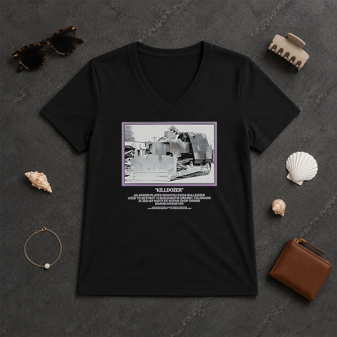 Awesome Marvin Heemeyer Killdozer Komatsu D355A Granby Colorado 2004 Muffler V Neck Shirt Awesome Marvin Heemeyer Killdozer Komatsu D355A Granby Colorado 2004 Muffler V Neck Shirt on a white background
