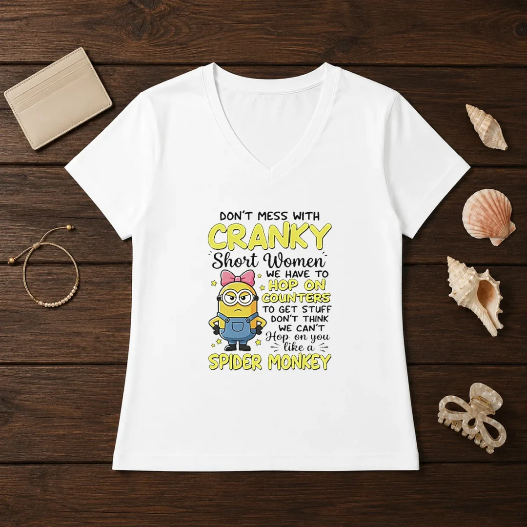 awesome-minion-dont-mess-with-cranky-short-women-we-have-to-hop-on-counters-to-get-stuff-dont-thin-v-neck Awesome Minion Dont Mess With Cranky Short Women We Have To Hop On Counters To Get Stuff Dont Thin V-Neck Shirt