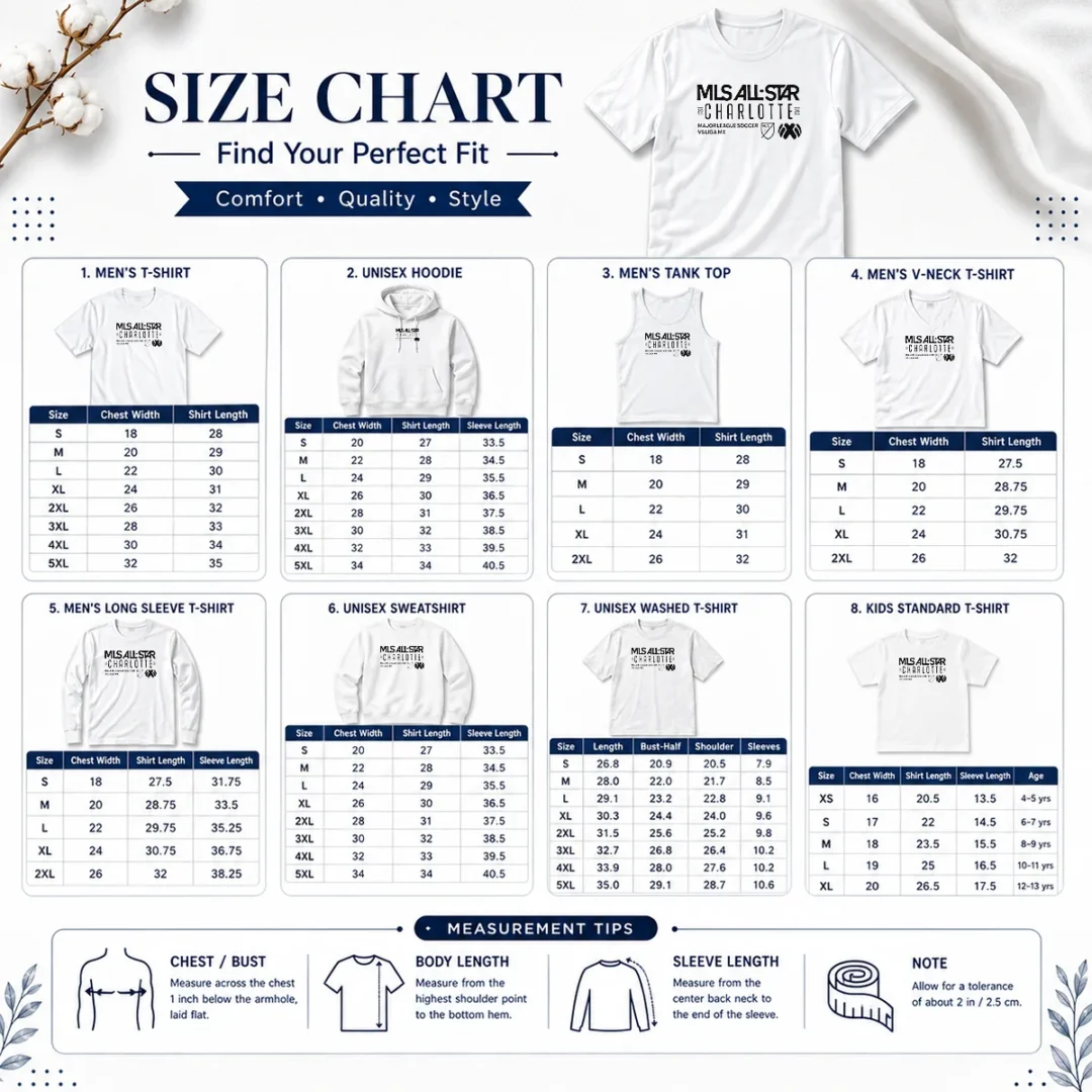 awesome-mls-all-star-charlotte-2026-major-league-soccer-vs-liga-mx-size-chart Size chart for Awesome MLS All Star Charlotte 2026 Major League Soccer Vs Liga MX with measurements in inches and cm