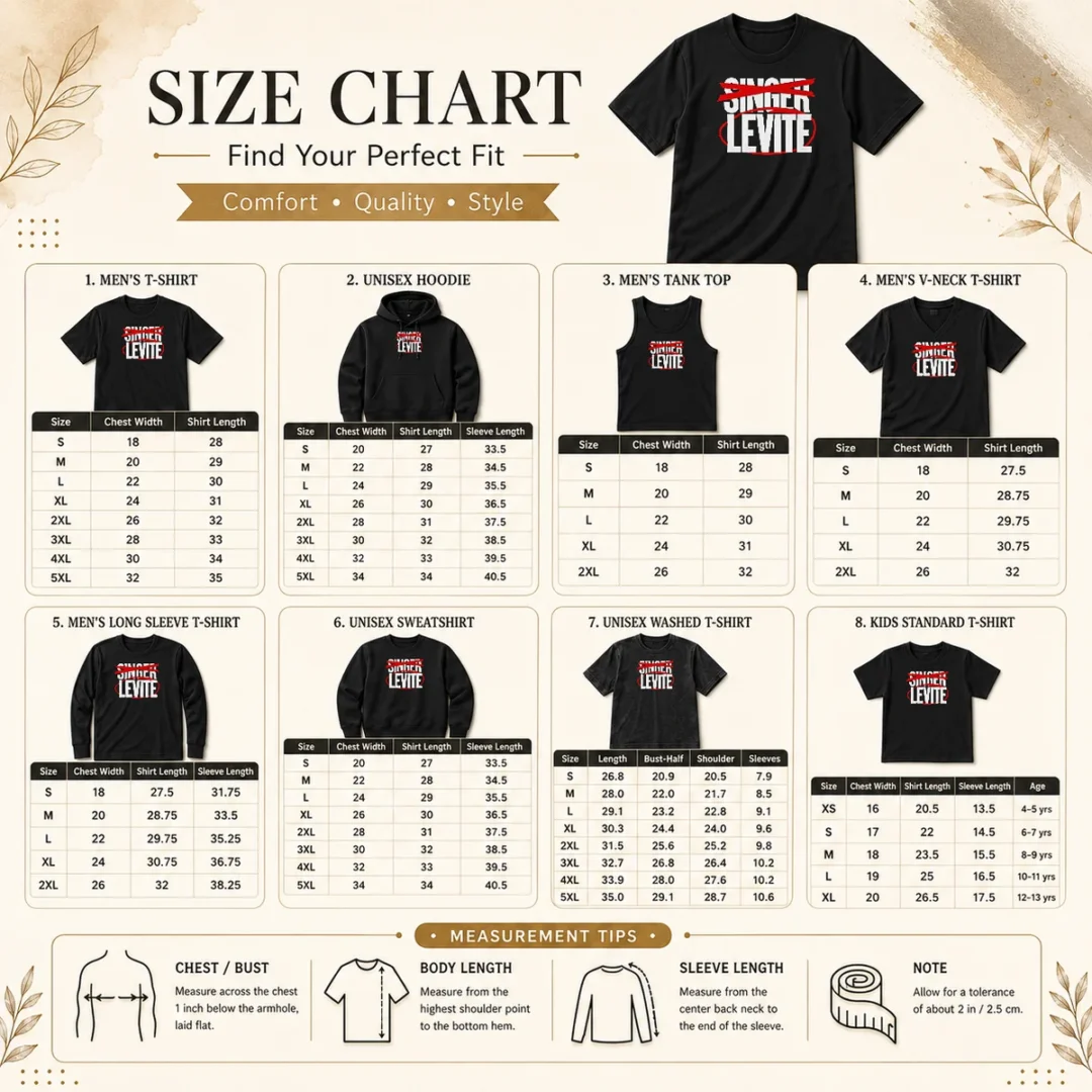 awesome-nice-not-singer-levite-size-chart Size chart for Awesome Nice Not Singer Levite showing measurements in inches and cm for accurate sizing