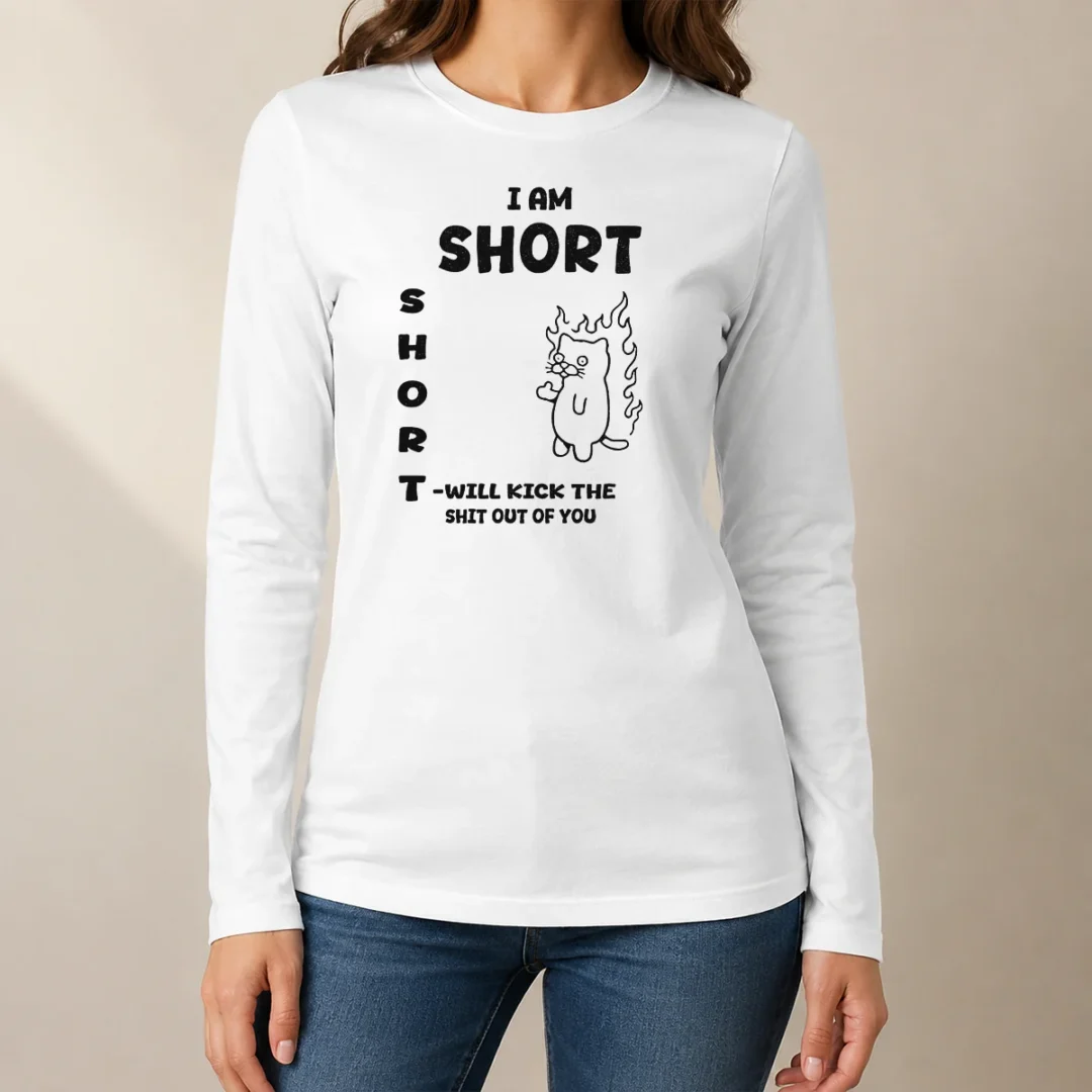 awesome-official-i-am-short-short-will-kick-the-shit-out-of-you-cat-long-sleeve-shirt Awesome Official I Am Short Short Will Kick The Shit Out Of You Cat long sleeve shirt in black with bold graphic print