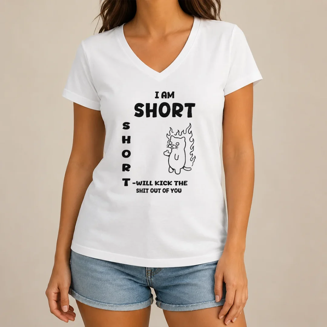 awesome-official-i-am-short-short-will-kick-the-shit-out-of-you-cat-v-neck-shirt Awesome Official I Am Short Short Will Kick The Shit Out Of You Cat V Neck Shirt in black with bold cat graphic and text