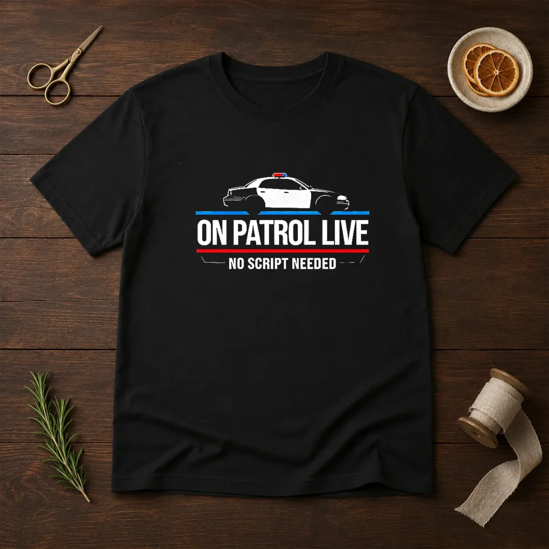 awesome-on-patrol-live-apparel-police-car-no-script-needed-t-shirt Awesome On Patrol Live Apparel Police Car No Script Needed t shirt front view in black cotton fabric