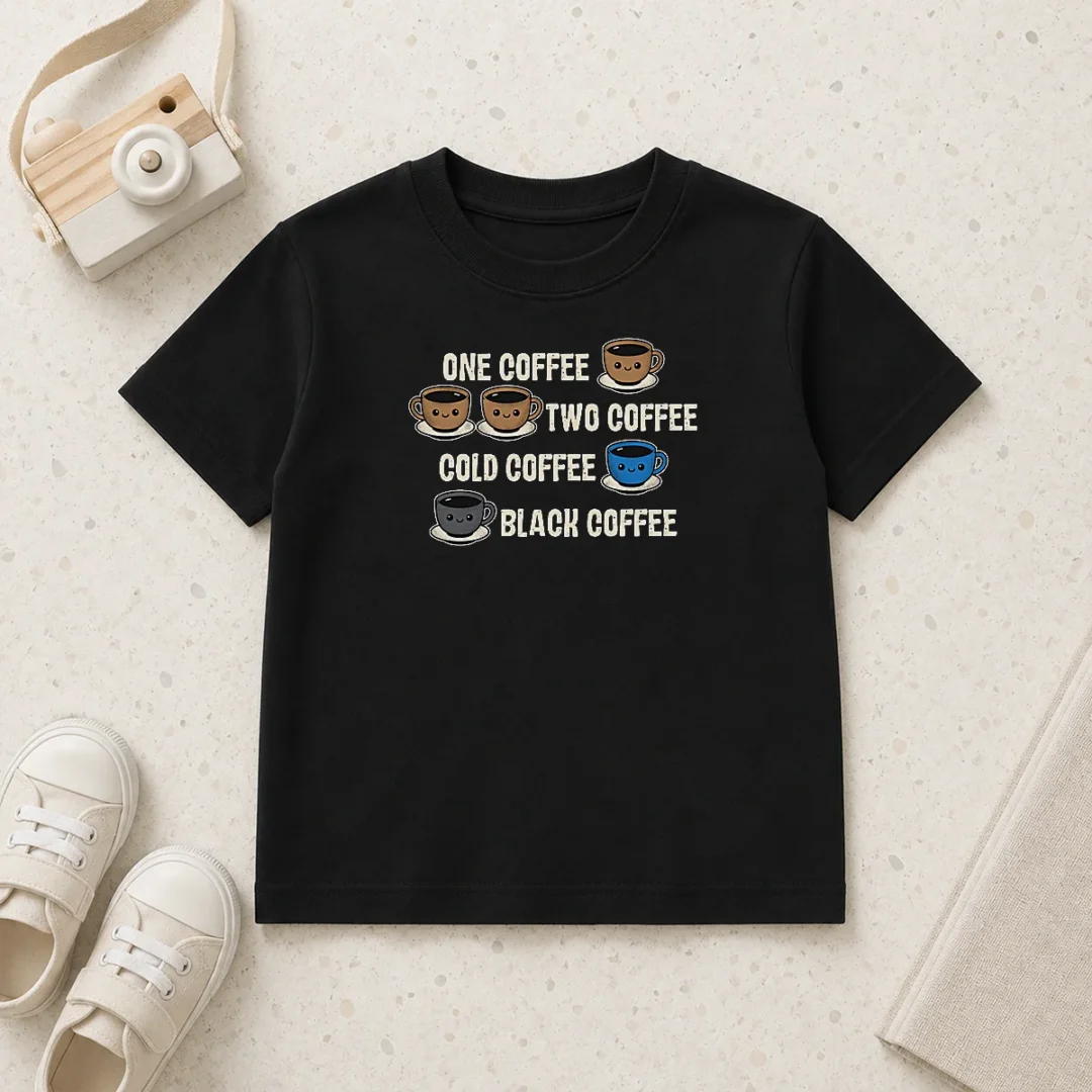 awesome-one-coffee-two-coffee-kids-t-shirt Awesome One Coffee Two Coffee Kids T Shirt in bright colors featuring fun coffee-themed text for children