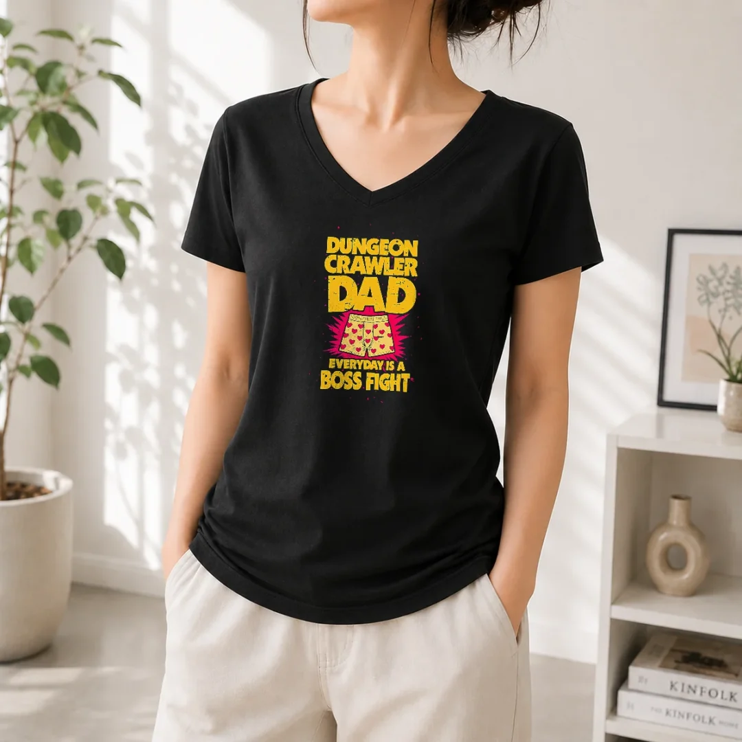 awesome-perfect-dungeon-crawler-dad-v-neck Awesome Perfect Dungeon Crawler Dad V Neck Shirt in dark color with bold graphic print