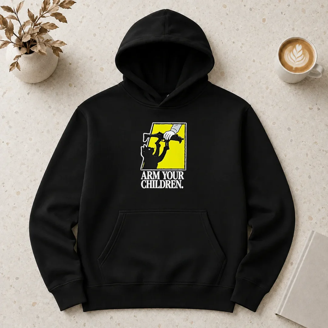 awesome-pretty-black-cat-with-gun-satire-arm-your-children-hoodie Awesome Pretty Black Cat With Gun Satire Arm Your Children black hoodie front view with graphic print