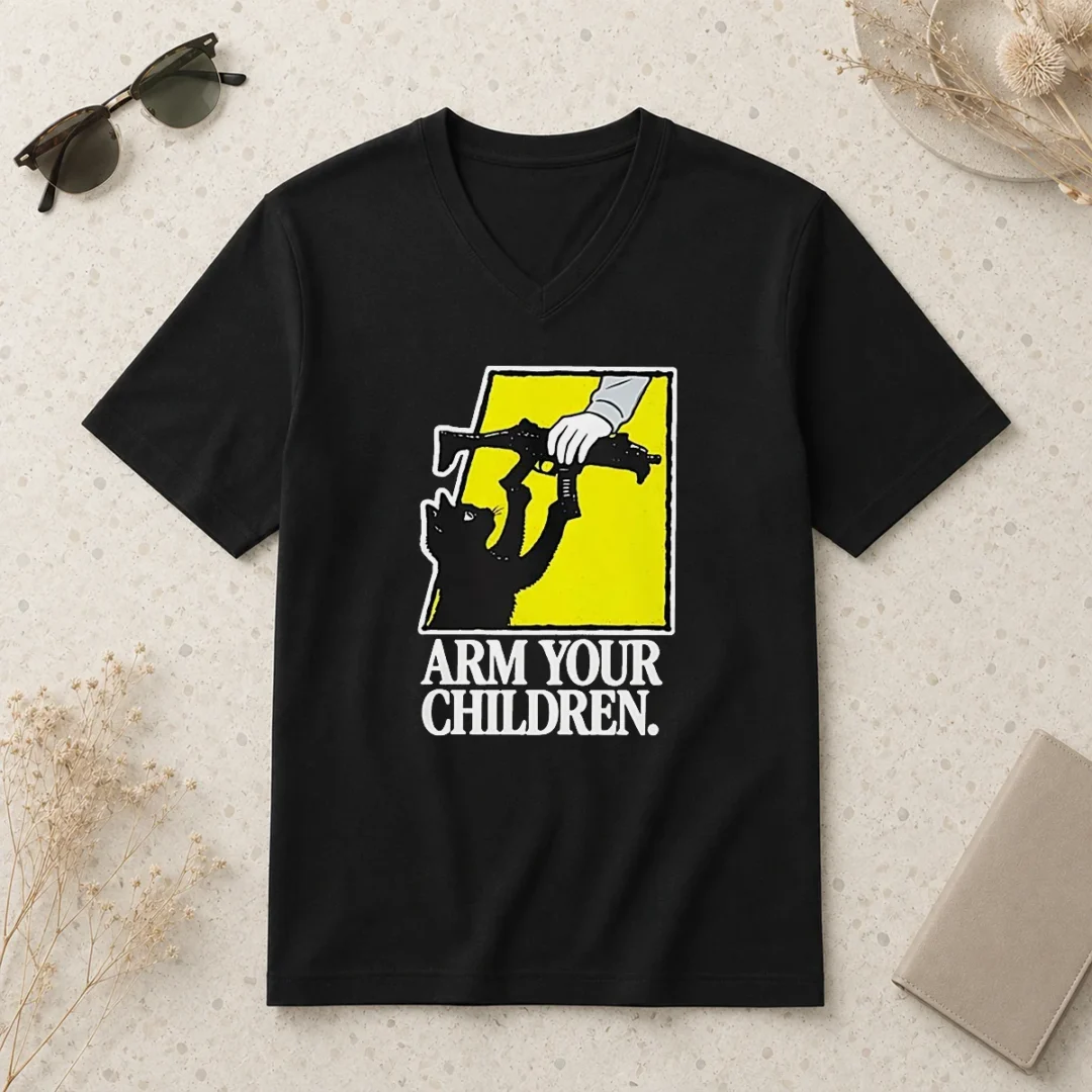 awesome-pretty-black-cat-with-gun-satire-arm-your-children-v-neck-shirt Awesome Pretty Black Cat With Gun Satire Arm Your Children V Neck Shirt in black, soft fabric with fitted cut