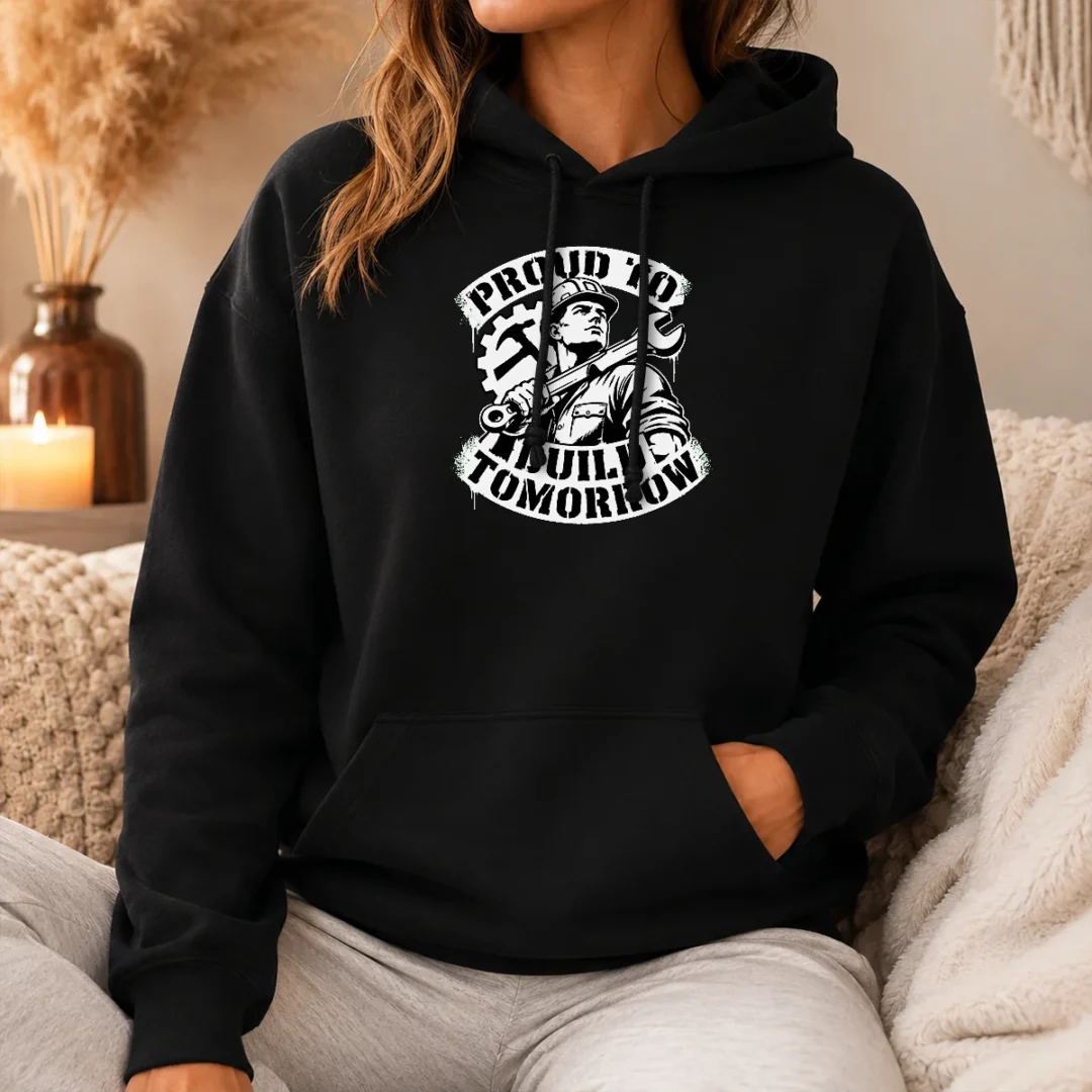 Awesome Pretty Labour Day Proud Builder Stencil Hoodie Awesome Pretty Labour Day Proud Builder Stencil Hoodie in charcoal gray, featuring bold stencil text on the front