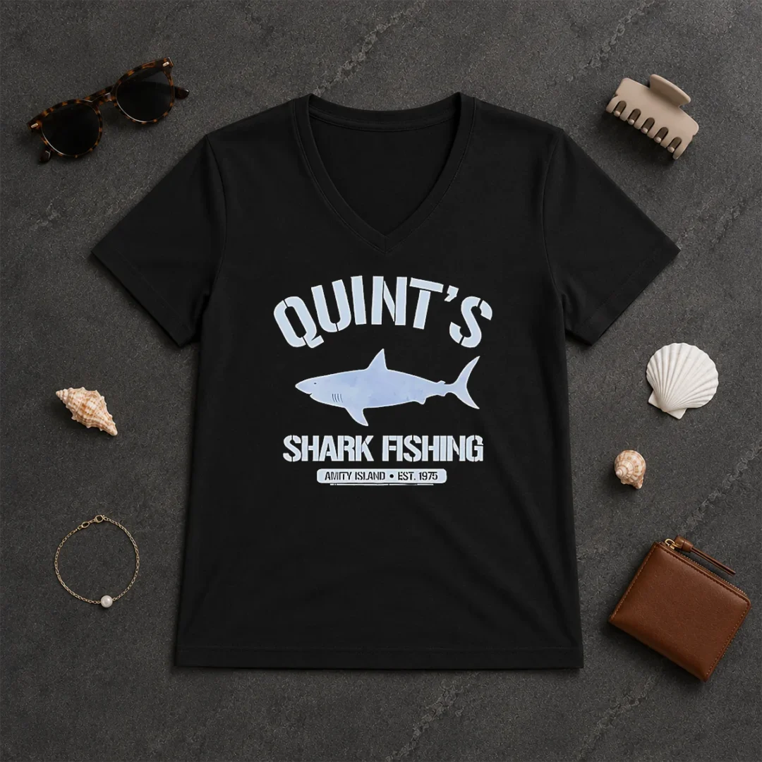 Awesome Quint'S Shark Fishing Amity Island Est 1975 Detailed Shark V Neck Shirt Awesome Quint'S Shark Fishing Amity Island Est 1975 Detailed Shark V-Neck Shirt