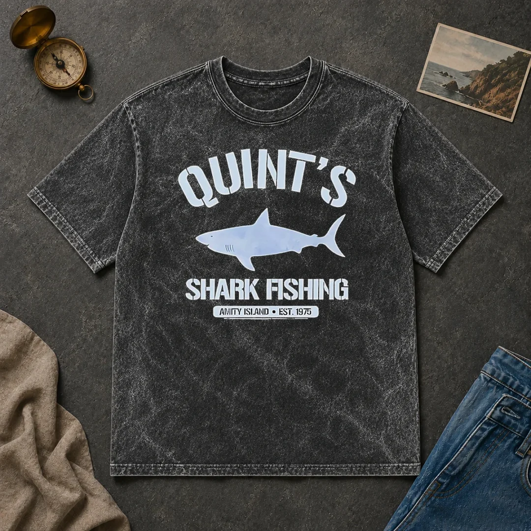 Awesome Quint'S Shark Fishing Amity Island Est 1975 Detailed Shark Washed T Shirt Awesome Quint'S Shark Fishing Amity Island Est 1975 Detailed Shark printed on a washed t shirt in light grey
