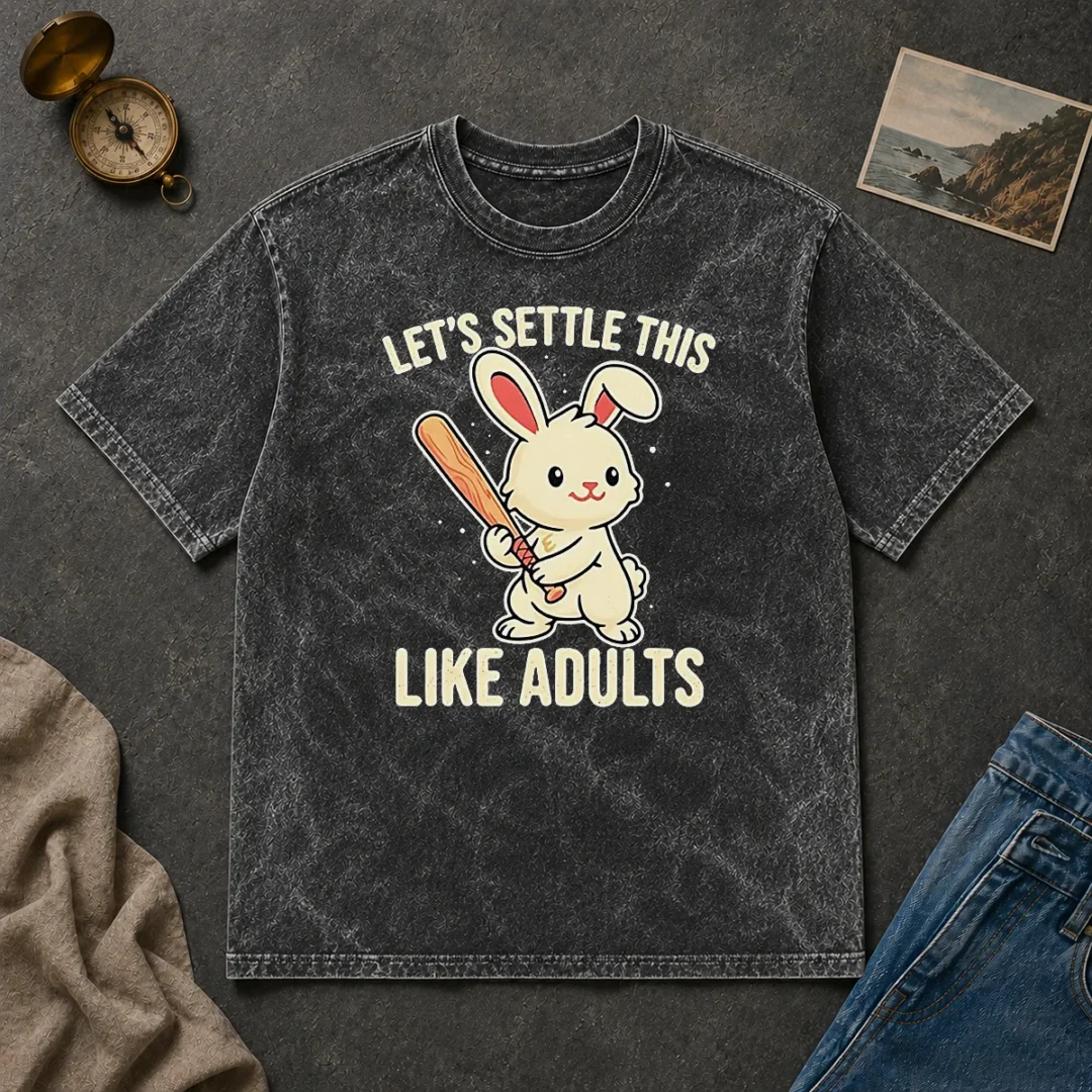 Awesome Rabbit Holding Baseball Bat Let'S Settle This Like Adults Washed T Shirt Awesome Rabbit Holding Baseball Bat Let'S Settle This Like Adults printed on a soft washed t shirt in light gray